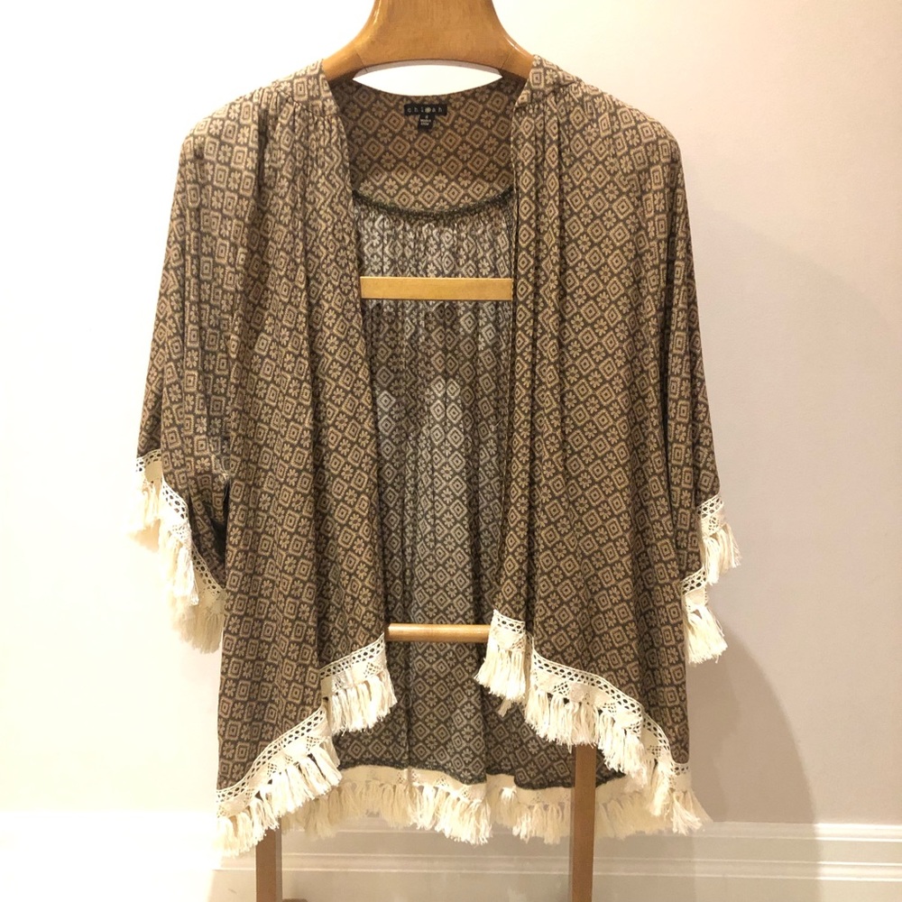 NWOT chlah fringed boho cardigan oversized small with checked pattern